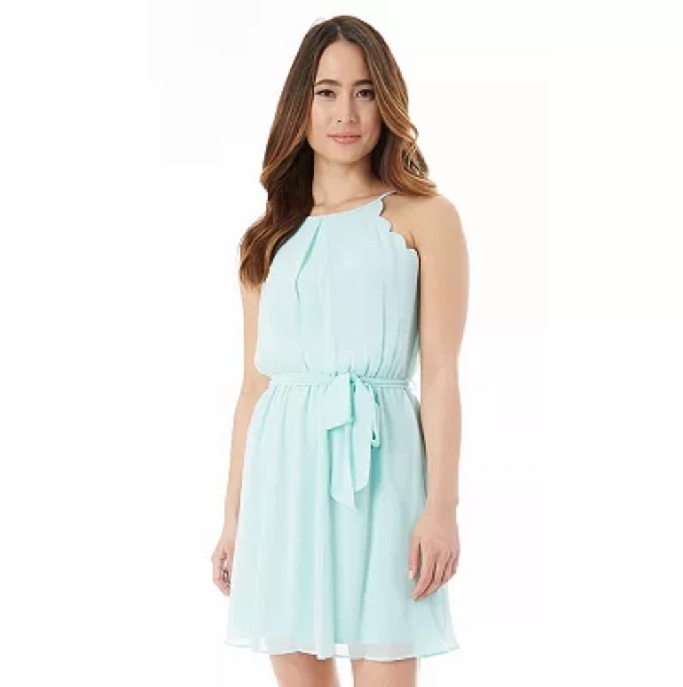 Iz Byer High Neck Scalloped Edge Sleeveless Belted Aqua Blue‎ Mini Dress Size XS